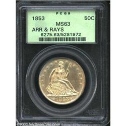 1853 50C Arrows and Rays MS63 PCGS. Delicately patinated in golden hues, the surfaces shimmer with a