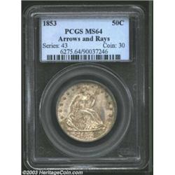 1853 50C Arrows and Rays MS64 PCGS. The vibrancy and eye appeal of this coin is quite uncommon for a