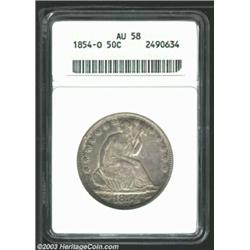 1854-O 50C Arrows AU58 ANACS. Just a touch of wear is seen below the grey and charcoal toning. Clean