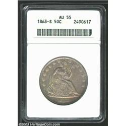 1863-S 50C AU55 ANACS. Delicate golden, lilac, and rose toning accents the clean, mark-free surfaces