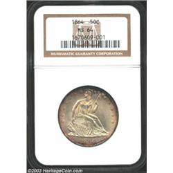 1864 50C MS64 NGC. Dusky champagne-rose patina enriches the borders of this exquisitely struck near-