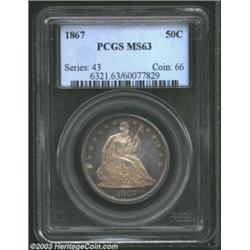 1867 50C MS63 PCGS. This is an attractive MS63 representative with lavender-gray centers and mottled