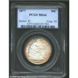 1877 50C MS64 PCGS. Crimson and dark-amber peripheral colors adorn each side, more heavily so on the