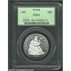 1881 50C MS64 PCGS. A brilliant and rather prooflike near-Gem that has mild cameo contrast between t