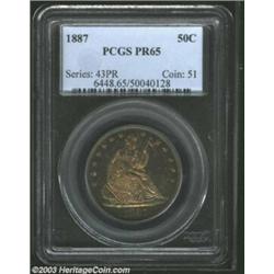 1887 50C PR65 PCGS. Mottled olive-orange toning fades to medium gray patina over much of the reverse