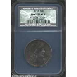 1893-S 50C Unc Details, Artificial Toning NCS. The cheek has faint slide marks, but the surfaces oth