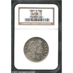 1901-S 50C AU55 NGC. Well struck with underlying mauve-gray surfaces, partially covered by olive and