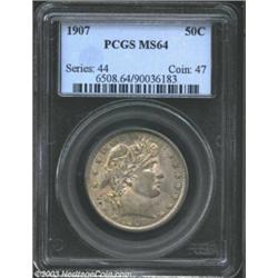 1907 50C MS64 PCGS. Slightly subdued by a coat of mauve-gray patina, but well struck and very lightl