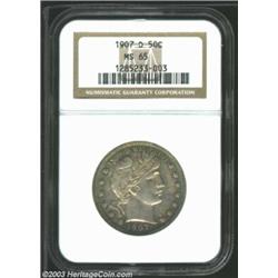 1907-D 50C MS65 NGC. Strongly struck for this second year Denver issue and bathed in steel-gray and.