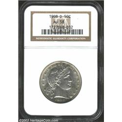 1908-D 50C AU58 NGC. A lightly hairlined but lustrous and attractive just-miss Uncirculated Barber H