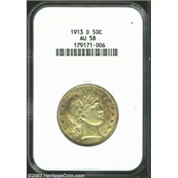 1913-D 50C AU58 NGC. Nearly complete mint luster covers each side of this high grade Barber Half. Li