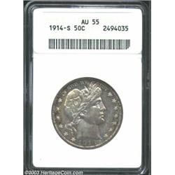 1914-S 50C AU55 ANACS. Bright and glossy silver-grey surfaces are lightly hairlined but these are mi