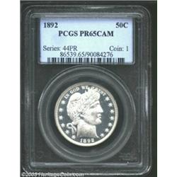 1892 50C PR65 Cameo PCGS. Chalky white devices provide dramatic contrast to the glassy fields. A vis