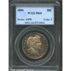 1894 50C PR61 PCGS. The mirrored fields are originally toned with wisps of golden-brown patina. A we