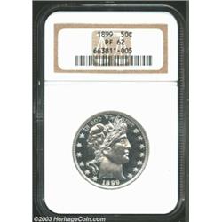 1899 50C PR62 NGC. A brilliant proof Barber Half that has moderate cameo contrast, especially on the