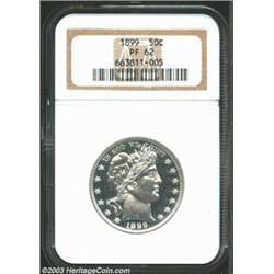 1899 50C PR62 NGC. A brilliant proof Barber Half that has moderate cameo contrast, especially on the