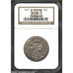 1917-S 50C Obverse AU55 NGC. Lightly worn surfaces are shaded an even silver-rose and are free of ab