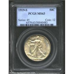 1919-S 50C MS63 PCGS. Lovely pastel toning and almost mark-free surfaces more than offset the normal