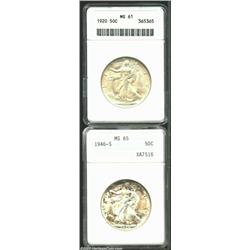 1920 50C MS61 ANACS, rich pearl-gray patina, lightly abraded, good luster, a reasonable strike; and.