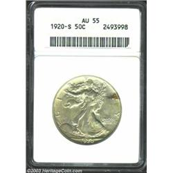 1920-S 50C AU55 ANACS. The reverse is satiny, lightly toned, and quite pristine for the grade, with.