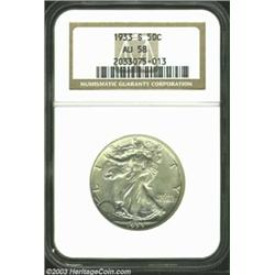 1933-S 50C AU58 NGC. Although the eagle's breast has noticeable rub, the mint luster is very close t