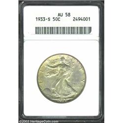 1933-S 50C AU58 ANACS. A satiny, dove-gray example, with some minor, streaky toning variations, and.