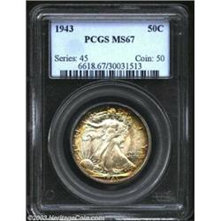 1943 50C MS67 PCGS. A beautifully toned Walker with deep russet at the edges blending flawlessly int