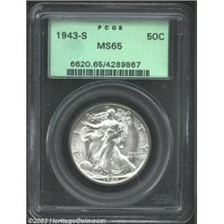 1943-S 50C MS65 PCGS. Grey-rose surfaces show no objectionable marks save a single, small diagonal s