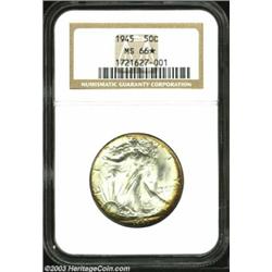 1945 50C MS66 * NGC. The obverse border has a rich band of golden-brown patina, while the reverse an