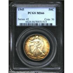 1945 50C MS66 PCGS. A fantastic Gem with vibrant golden and orange toning at the rims and satiny gre