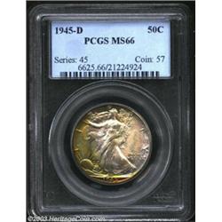 1945-D 50C MS66 PCGS. An exquisite, high quality Gem, there are halos of olive-orange toning along t