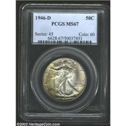 1946-D 50C MS67 PCGS. Both sides are overall bold in strike with dominant silver-lilac overtones. Bl