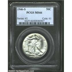 1946-S 50C MS66 PCGS. Untoned and nicely-struck, with no bothersome abrasions or imperfections. Some