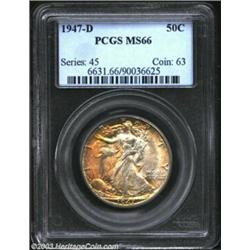 1947-D 50C MS66 PCGS. A spectacularly toned, radiant Gem with flashes of bright orange iridescent to