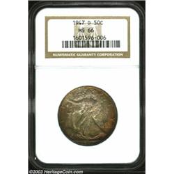 1947-D 50C MS66 NGC. A deeply toned and nicely struck Walker with thick orange and magenta hues, acc