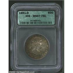 1951-D 50C MS67 Full Bell Lines ICG. The obverse has luxurious tobacco-brown and sea-green patina, w