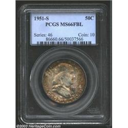 1951-S 50C MS66 Full Bell Lines PCGS. Mottled olive and orange-russet toning yields to near-brillian