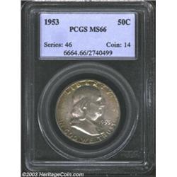 1953 50C MS66 PCGS. Iridescent orange, mauve, and dark-olive colors are seen on the sharply impresse