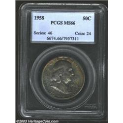 1958 50C MS66 PCGS. Unquestionably original, both sides blend lilac, steel-blue, and reddish-gold to