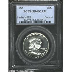 1953 50C PR66 Cameo PCGS. The obverse is well-frosted on this nearly Superb Gem proof. The rims show