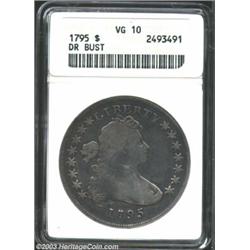 1795 S$1 Draped Bust, Off Center VG10 ANACS. B-14, BB-51, R.1. This glossy example has steel-blue an