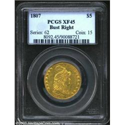 1807 $5 Bust Right XF45 PCGS. B. 4-C, Miller-90, High R.5. Pleasingly original in appearance, the gr