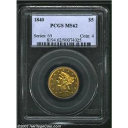 1840 $5 Narrow Mill MS62 PCGS. This second-year Liberty Half Eagle from the Philadelphia Mint is mos