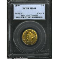 1840 $5 Narrow Mill MS63 PCGS. A generally bold strike with rich lemon-gold color along with a pleas