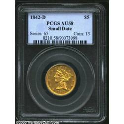 1842-D $5 Small Date AU58 PCGS. Winter 6-E, the only known dies. This variety (37,917 pieces produce