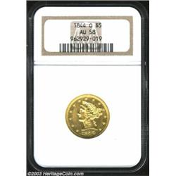 1844-O $5 AU58 NGC. The 1844-O is the most obtainable O-mint Half Eagle in the No Motto series and i