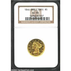 1846 $5 Small Date AU58 NGC. A sharply struck and somewhat prooflike Half Eagle with an attractive r