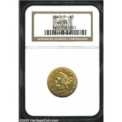 1847/7 $5 AU53 NGC. The peak of the 7 in the date is recut. A boldly struck Half Eagle with extensiv