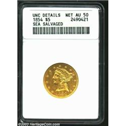 1854 $5--Sea Salvaged--ANACS. Unc Details, Net AU50. A well struck Half Eagle that has the unnatural