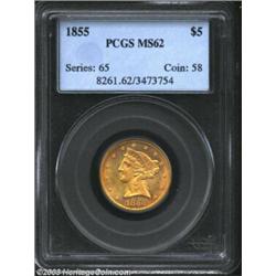1855 $5 MS62 PCGS. Well detailed with pleasing rose colored accents. A few short pinscratches are co